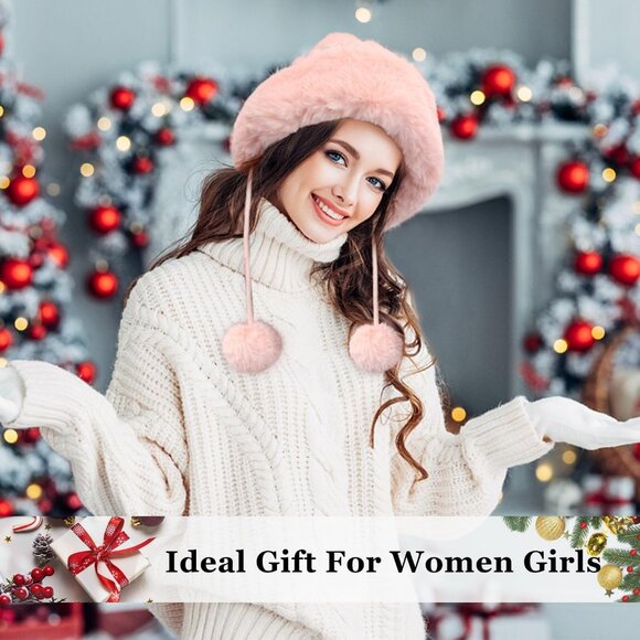 Women's Fur Hat with Pompom Winter Knit Beanie Russian Ushanka Trapper Ear Cover - Picture 3 of 7